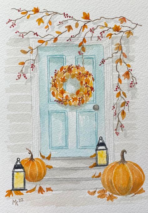 Autumn Drawing Watercolour, Fall Art Tutorials, Autumnal Watercolour Painting, Cute Fall Watercolor Paintings, Autumn Art Painting Watercolour, Halloween Water Coloring Ideas, Autumn Watercolour Painting, Autumn Watercolor Art, Fall Water Coloring Ideas