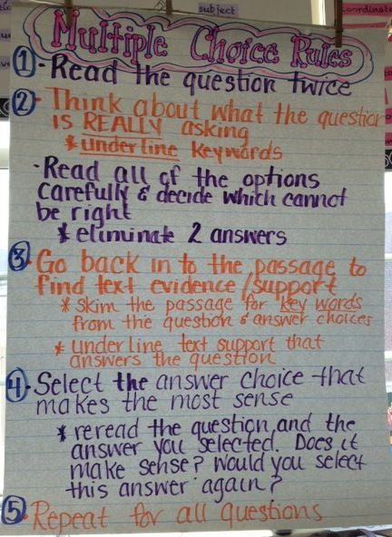 Test prep anchor chart showing Strategies for answering a multiple choice questions by Susan Besignano at Ardena School. Test Strategies, Staar Test Prep, Test Prep Strategies, Ela Anchor Charts, Testing Motivation, Test Taking Strategies, Classroom Anchor Charts, Reading Anchor Charts, Testing Strategies