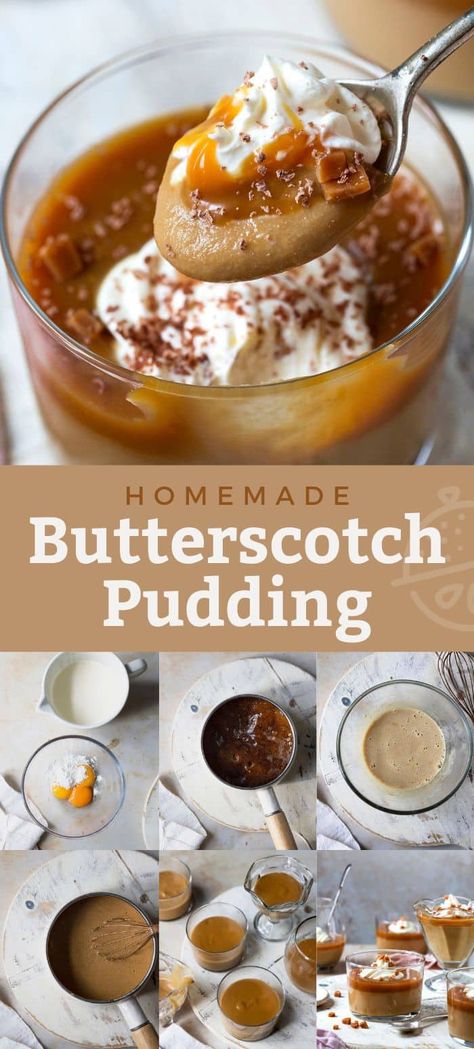 Made with simple ingredients and in 15 minutes, this silky and decadent Butterscotch Pudding is the ultimate comfort food creamy dessert, packed with rich flavor and caramel notes from dark brown sugar. Topped with whipped cream, toffee bits, caramel, and grated chocolate this homemade pudding recipe will satisfy all your cravings. #lemonblossoms #dessert #butterscotch Butterscotch Mousse, Homemade Pudding Recipe, Butterscotch Pudding Recipes, Butterscotch Desserts, Homemade Butterscotch, Butterscotch Recipes, Frozen Pudding, Butter Desserts, Butterscotch Candy