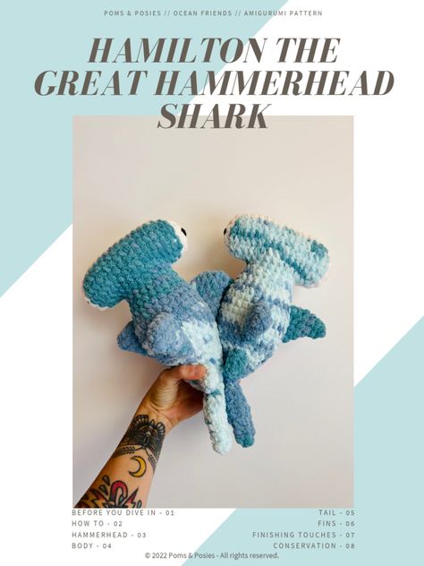 Tiburon hammerhead a crochet Hammerhead Crochet Pattern, Plush Shark Crochet Pattern Free, Hammerhead Shark Amigurumi, Shark Plush Crochet, Hammerhead Shark Amigurumi Free Pattern, No Sew Shark Crochet Pattern, How To Crochet A Shark, Crochet Patterns Shark, Crochet Hammerhead Shark Pattern Free