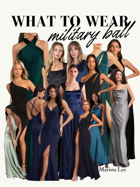 Blue, green, and black dresses for the formal military ball. Military Formal Dress, Military Ball Dresses Jrotc High School, Military Ball Hairstyles, Marine Corps Ball Dresses, Marine Ball Dresses, Black Formal Dresses, Marine Corps Birthday, Marine Corps Ball, Navy Ball