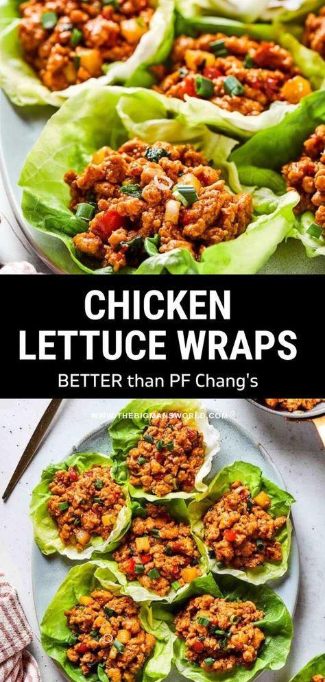 These chicken lettuce wraps are loaded with seasoned chicken cooked in a blend of Asian flavors, then wrapped in fresh and crunchy lettuce. Each bite is loaded with flavor, making it the perfect appetizer or light entree! Lettuce Chicken Tacos, Lettuce Tacos Chicken, Healthy Asian Lettuce Wraps, Great Chicken Recipes Dinners, Lettuce Wrap Chicken Tacos, Orange Chicken Lettuce Wraps, Sweet Chili Chicken Lettuce Wraps, This Chicken Lettuce Wraps, Blta Chicken Lettuce Wraps