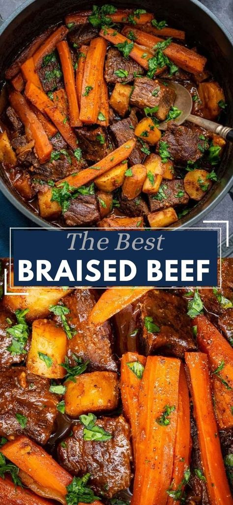 Slow Braised Beef, Crock Pot Braised Beef, Beef And Carrots, Beef And Carrots Crockpot, Braising Pan Recipes, Beef Tips In Dutch Oven, Best Braised Beef Recipe, Braised Roast Beef, Braised Beef Crockpot