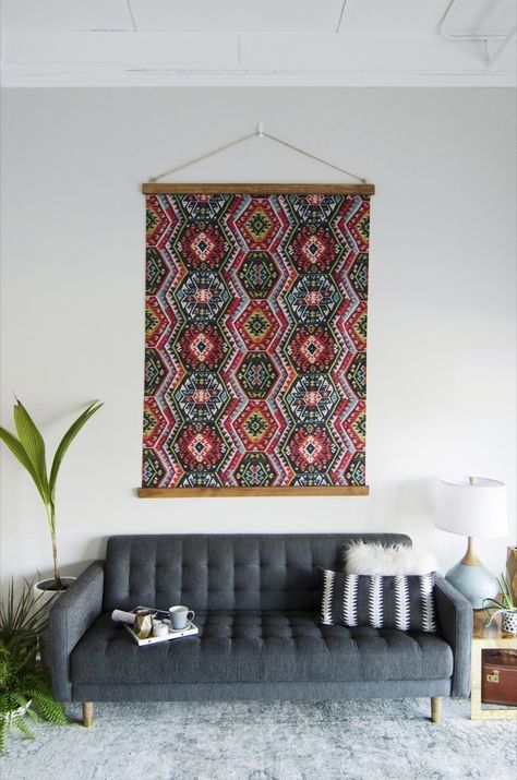 Use fabric to decorate everything from walls and windows, to pillows and flooring. Here are 99 of the best fabric decor ideas for every room of the house. #["Roundup", "DIY", "How-To", "projects", "Weekend Projects", "fabric", "colorful", "contemporary", "eclectic", "mid-century modern", "Sewing & Upholstery", "Recycling & Upcycling", "refinishing", "crafting", "Dining room", "Entryway & Hall", "Kitchen", "Office & Workspace", "bathroom", "bedroom", "living room", "wall art", "textiles", "acc Wall Tapestry Diy, Framed Fabric Wall Art, Diy Tapestry, Fabric Wall Decor, Tapestry Hanging, Hanging Fabric, Fabric Wall Hanging, Metal Tree Wall Art, Tapestry Wall Art