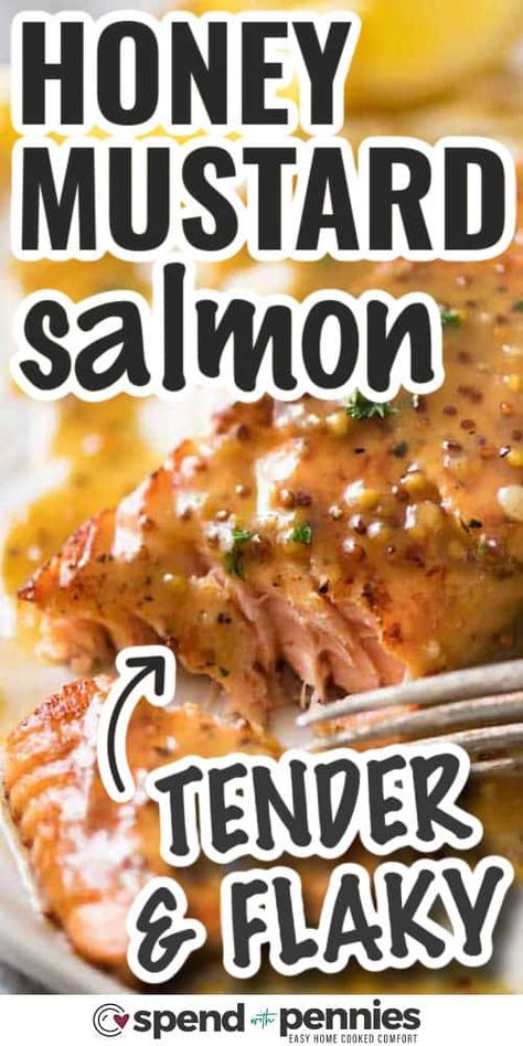 Get a tasty dinner on the table in minutes with our honey mustard salmon recipe! The tangy and sweet glaze of cider vinegar, Dijon mustard, honey, garlic, and spices brings out amazing flavors. Coat the salmon, sear it perfectly, and serve with mashed potatoes and seared asparagus for a balanced meal. Ideal for a quick, yummy, and healthy dinner! #spendwithpennies Salmon Recipes With Mustard, Salmon Dijon Mustard Recipes, Salmon Steaks Recipes, Salmon Mustard Sauce, Salmon With Dijon Mustard Sauce, Mustard Salmon Recipes, Mustard Sauce For Salmon, Honey Mustard Glazed Salmon, Seared Asparagus