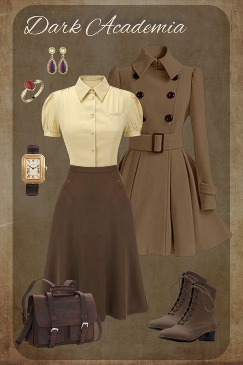 Dark Academia Chic Outfit, Classy Aesthetic Vintage Outfit, Elegant Academia Outfits, Dark Academia Outfit Vintage, Elegant Dark Academia Outfit, Dark Acadamia Dress, Vintage Female Outfits, Old Fashion Outfits Vintage, Drama Teacher Outfit