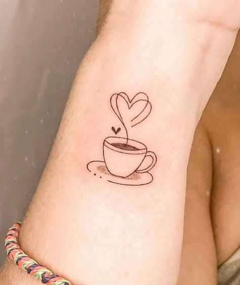 Coffee Tattoo For Couples, Coffee Tattoos For Women, Cafe Tattoos For Women, Mug Of Coffee Tattoo, Bee Yourself Tattoo, Cute Coffee Tattoo, Tattoo Coffee Cup, Best Tattoos For Women Classy, Coffee Nails Designs