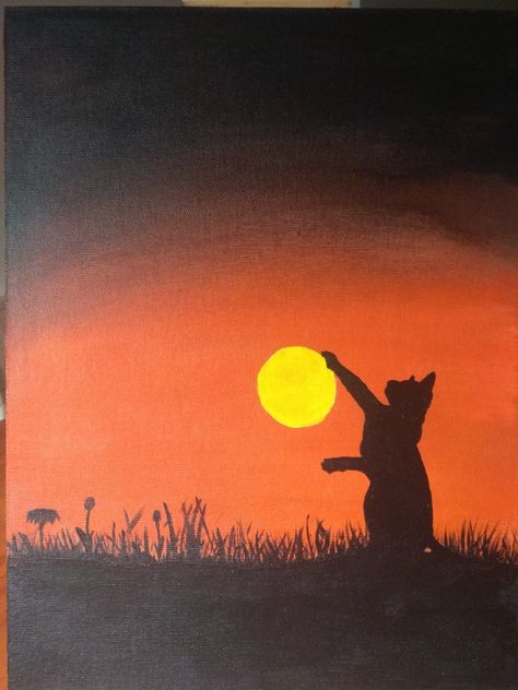 Black Cat Silhouette Painting, Sunset With Silhouette, Cat Acrylic Painting Ideas, Cute Cat Canvas Painting Easy, Cat Painting Tutorial Step By Step, Cat Canvas Painting Ideas, Silouhette Painting Ideas, Cats Canvas Painting, Drawing Ideas Easy Aesthetic Color