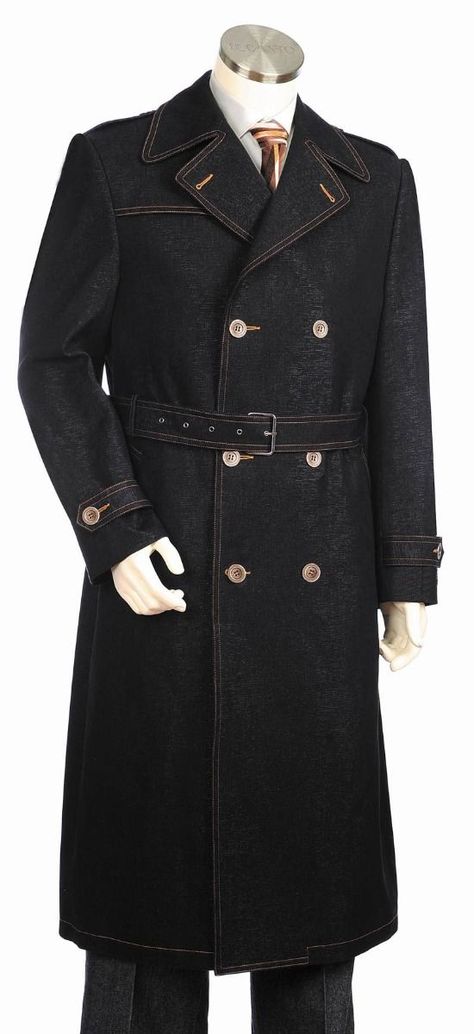 Canto Men's Denim Coat - Belted Full Length 6 Button Coat Full Black Suit, Suit Double Breasted, Long Coat Men, Zoot Suit, Cool Coats, Concept Clothing, Trench Coat Men, Suits For Sale, Belted Coat