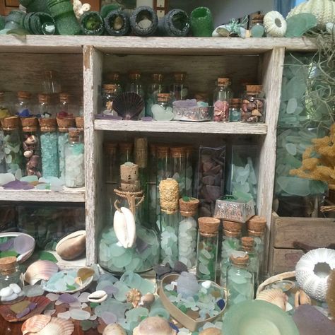 Sea Witch Home Aesthetic, Sea Glass Collection Display, Seaglass Collection Display, Sea Glass Witchcraft, Sea Witch House, Sea Witch Decor, Seaglass Aesthetic, Seaglass Decor, Sea Witch Aesthetic