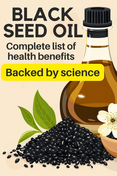 Bottle of black seed oil. Text reads: Black seed oil. Complete list of health benefits. Backed by science. Black Cumin Seed Oil Benefits, Oil Benefits For Skin, Black Seed Oil Benefits, Benefits Of Black Seed, Black Cumin Seed Oil, Black Cumin Seed, Seeds Benefits, Autoimmune Diet, Oils For Men