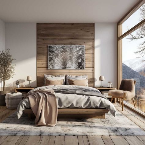 Modern Scandinavian Bedroom Design Master, Scandinavian Rustic Bedroom, Bedroom Mountain Decor, Cozy Cabin Bedrooms Modern, Wood Bed Bedroom, Cabin Interior Design Bedroom, Icelandic Bedroom, Modern Scandi Bedroom, Scandinavian Interior Bedroom Minimalism