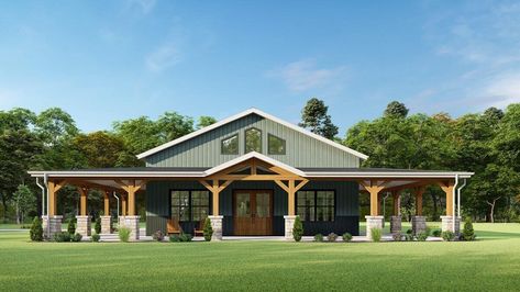 3-Bedroom One-Story Rustic Barn Style Farmhouse With 3-Side Wraparound Porch(Floor Plan) Vaulted Porch Ceiling Covered Patios, Farmhouse Open Floor Plan, Barndominium Exterior Ideas, Metal Building Homes Cost, Rustic Farmhouse Plans, Pre Engineered Metal Buildings, Metal House Plans, Steel Building Homes, Barn Homes Floor Plans