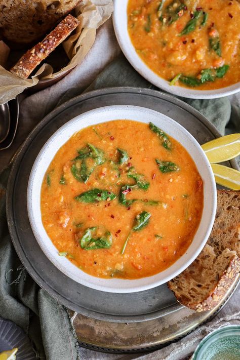 Red Lentil & Spinach Soup | Pick Up Limes Lentil And Spinach Soup, Lentil Spinach Soup, Butter Bean Stew, Spinach Lentil, Lentil Spinach, Dairy Free Pancakes, Breakfast Oatmeal Recipes, Spinach Soup, Home Meals