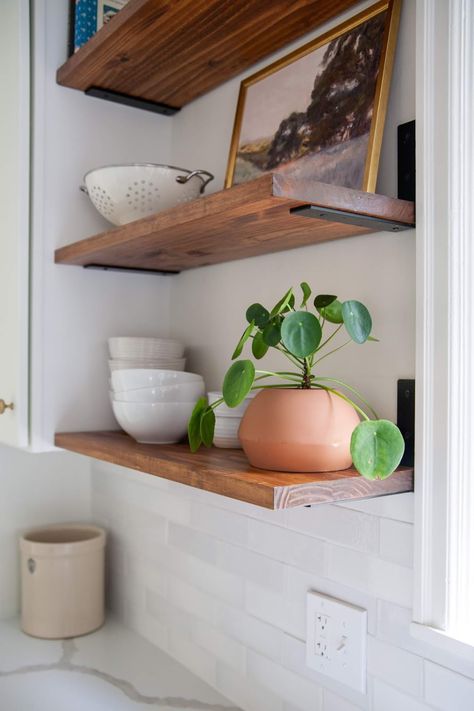 Vertical Tongue And Groove Backsplash, Diy Wine Shelves, Hawaiian Hale, Corner Shelves Kitchen, Floating Shelf Hardware, L Shaped Shelves, Wood Corner Shelves, Kitchen Floating Shelves, Metal Floating Shelves