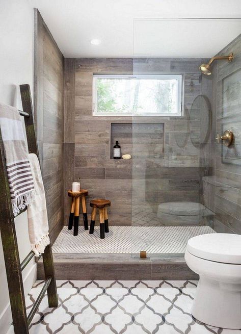 Bold Mosaic Tile Wall With Wood Tile Wall | Expand Your Design Horizons With These Wood Tile Bathroom Ideas | Decoist Wood Tile Shower, Wood Tile Bathroom, Farmhouse Bathroom Remodel, Farmhouse Bathroom Design, Bathroom Vanity Decor, Farmhouse Bathroom Vanity, Casa Country, Farmhouse Master, Decor Baie