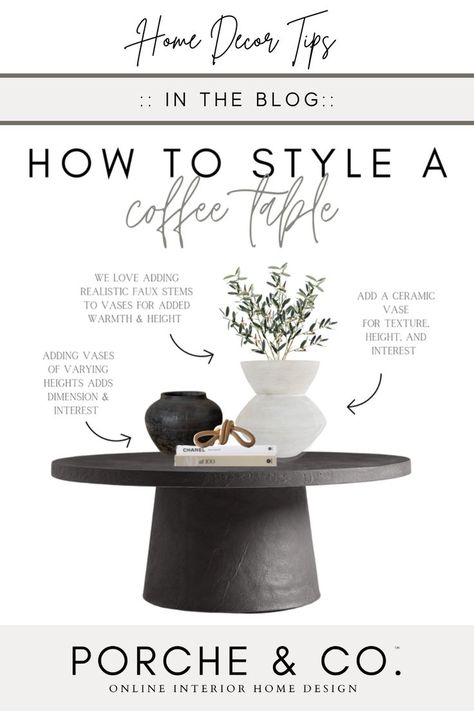 In the blog, the interior designers at Porche and Co. are sharing tips for decorating a coffee table. These Home Decor Ideas include some our latest tips and examples to help give your coffee table the perfect look. We are showing you how we have styled coffee tables three different ways. Great ideas for home decor and home decor accessories for your coffee table. Head to the blog to get all of our home decor tips. Home Decor | Room Decor | Coffee Table Decor Stool Under Coffee Table, Round Black Coffee Table Styling, Styling A Round Black Coffee Table, How To Style A Black Coffee Table, Round Large Coffee Table, Styling Oval Coffee Table, Styling Black Coffee Table, Long Coffee Table Styling, Functional Coffee Table Decor