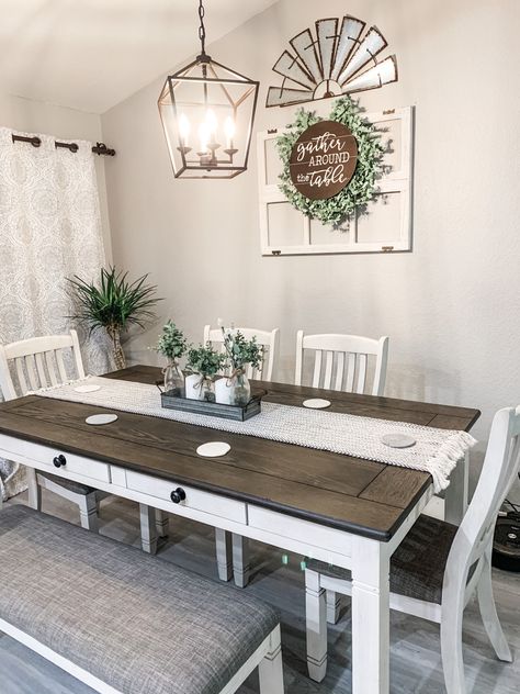 Decor For Long Dining Room Table, Kitchen Table Everyday Decor, Farm Table Dining Room Decor, Farmhouse Mirror Dining Room, Bohemian Farmhouse Dining Room, Above Dining Room Table Wall Decor, Dining Room Chandelier Small Space, Narrow Dining Room Decor, Rustic Dining Room Curtains