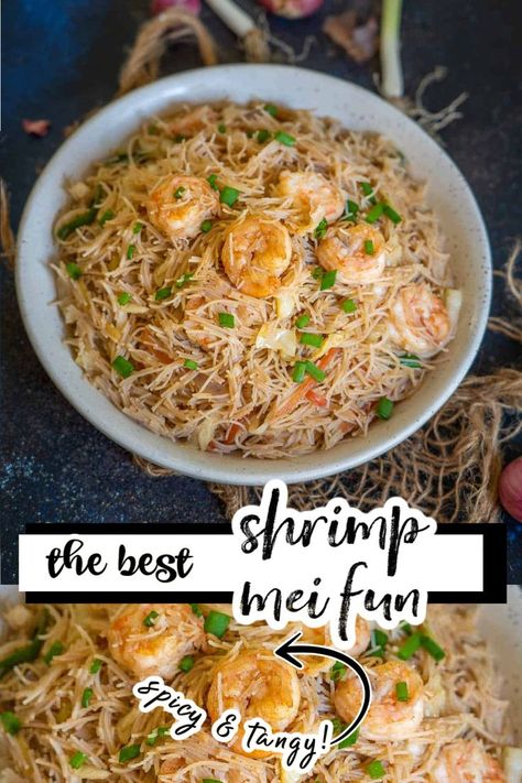 Shrimp Mai Fun, Shrimp And Rice Noodles Stir Fry, White Rice Noodles Recipe, Vermicelli Bean Thread Recipes, Shrimp Mei Fun Recipe Chinese Food, Rice Noodle And Shrimp Recipes, Shrimp With Glass Noodles, Mai Fun Noodles Recipe Easy, Rice Noodle Shrimp Recipes