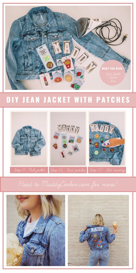 3 Easy Summer DIY Projects — Maddy Corbin Diy Patch Denim Jacket, Decorating Jean Jackets, Diy Patch Jacket Ideas, How To Paint Jean Jacket Diy, Girls Jean Jacket With Patches, Diy Patch Jean Jacket, Cricut Jean Jacket, Denim Jacket With Patches Diy, Diy Denim Jacket Patch