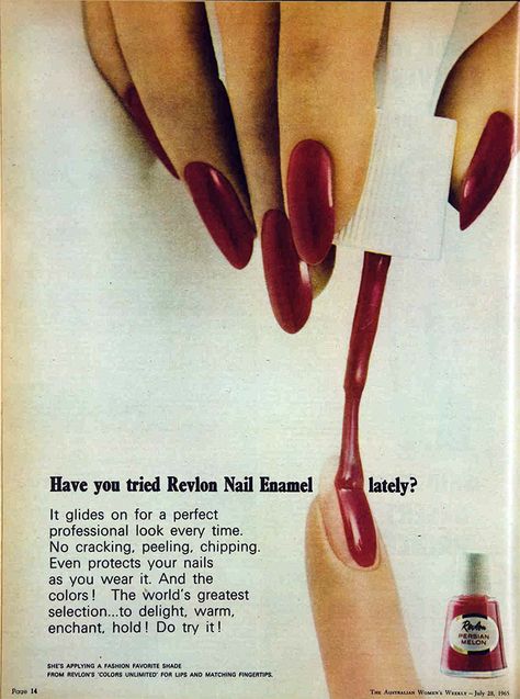 1960s Nails, 1950s Nails, 60s Nails, 80s Nails, Revlon Nail Polish, 90s Nails, Vintage Makeup Ads, Makeup Ads, Vintage Nails