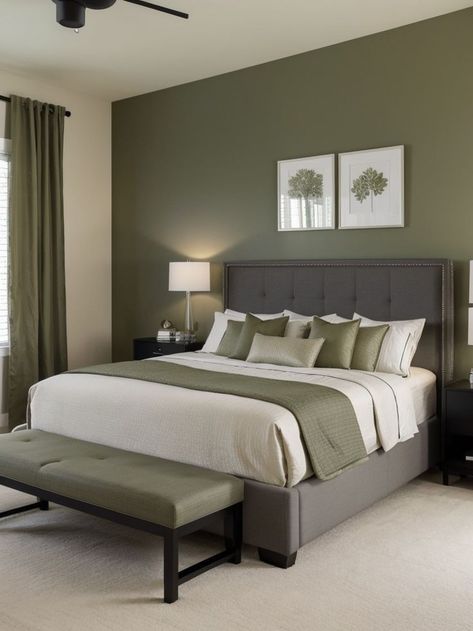 Simple Bedroom Color Schemes, Simple Headboards, Grey Green Bedrooms, Room Color Ideas Bedroom, Bedrooms Inspiration, Green Bedroom Walls, Taupe Bedroom, Apartment Simple, Green Bedroom Decor