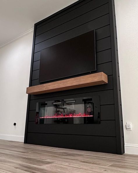 Floating Entertainment Center Fireplace, Built Out Tv Wall Unit With Fireplace, Decorative Fireplace Wall Ideas, Tv Black Accent Wall, Feature Wall Around Tv, Built Fireplace Wall, Built In Fireplace And Tv Wall, Tv Fireplace Wall Ideas Farmhouse, Wall With Tv And Electric Fireplace