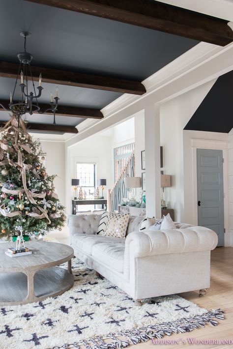 Our vintage chic living room reveal and Christmas Holiday Home Tour! Black ceilings and dark beams create a colorful and elegant living room. Dark Ceiling, Living Room Reveal, Blue Ceilings, Vintage Living Room, Chic Living Room, Elegant Living Room, Elegant Living, Ceiling Beams, Room Paint