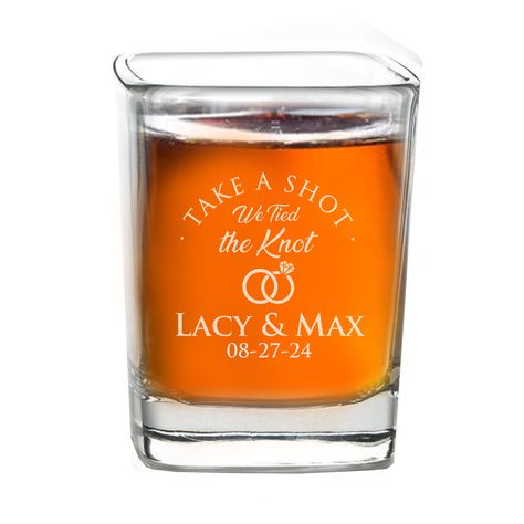 PRICES MAY VARY. FREE ENGRAVING - Customize with names and a date in one of a few great designs. And the price per glass automatically discounts the more you buy GREAT GIFT - Makes a perfect gift for the bachelor party, bachelorette party or for wedding favors. Give each guest a memorable favor! SIZE: Square shot glass holds 2.5 oz of your favorite spirit 100% SATISFACTION GUARANTEED - Contact us and let us know if you have any questions - Your satisfaction is our TOP priority Take A Shot, We Ti Engraved Shot Glasses, Personalized Wedding Shot Glasses, Shot Glass Wedding Favors, Wedding Favours Shots, Glass Wedding Favors, We Tied The Knot, Custom Drink Coasters, Shot Glasses Wedding Favors, Wedding Shot Glasses