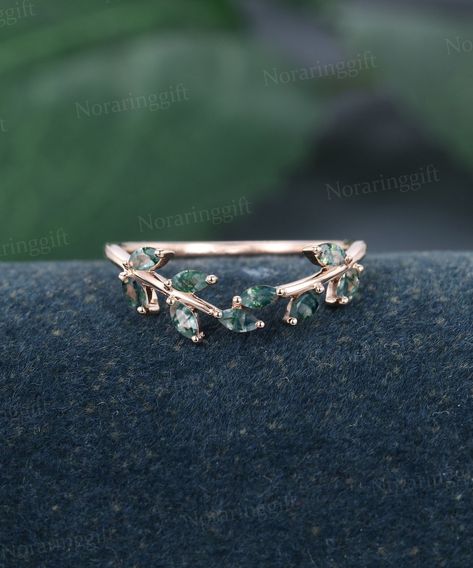 Marquise Cut Moss Agate Wedding Band Vintage Delicate Rose Gold Wedding Band Leaf Branch Band Bridal Antique Women Matching Anniversary Ring - Etsy Wedd8ng Ring, Vintage Wedding Rings Dainty, Wedding Band Rings Women, Wedding Rings Delicate, Matching Moss Agate Wedding Rings, Earthy Wedding Rings, Moss Agate Wedding Band, Branch Wedding Band, Moss Agate Wedding Ring