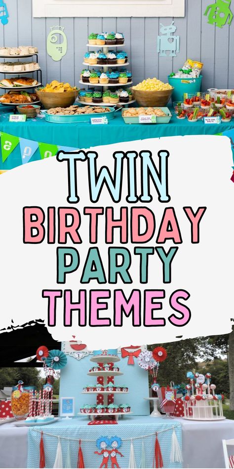 3rd Birthday Theme Twins, Twins 3rd Birthday Party Themes, Twins Fourth Birthday, Two Parties In One Ideas, Twin Theme Birthday Party, Twins First Bday Theme, 3 Year Twin Birthday, Thing One And Thing Two Twin Birthday, Twins Bday Party Ideas