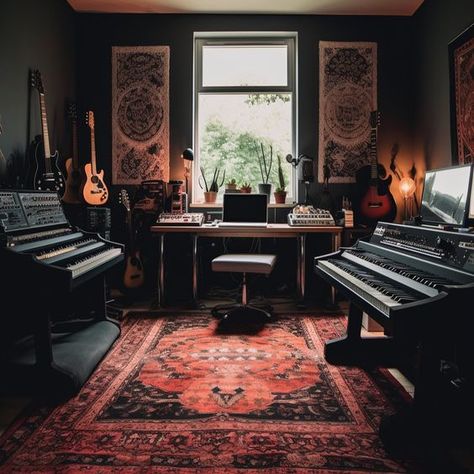 Music Studio Guest Room, Recording Studio Apartment Ideas, Music Room Design Modern, Music Studio Apartment Ideas, Dark Recording Studio, Gothic Music Studio, Dark Music Room Aesthetic, Vibey Music Studio, Bedroom With Music Studio