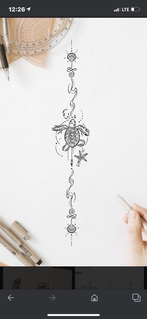 Spine Tattoos For Women Turtle, Turtle Spine Tattoos For Women, Wave Spine Tattoos For Women, Ocean Tattoos Spine, Sea Spine Tattoo, Spine Tattoos For Women Travel, Nautical Spine Tattoo, Tropical Spine Tattoo, Spine Tattoos Nature