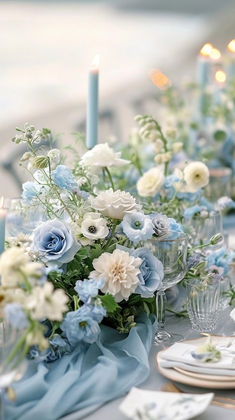 Baby Blue Wedding Theme, Centrepiece Flowers, Flowers Blue And White, Pastel Blue Wedding, Sky Blue Weddings, Blue Wedding Centerpieces, Dark Blue Wedding, Baby Blue Weddings, Blue Wedding Decorations