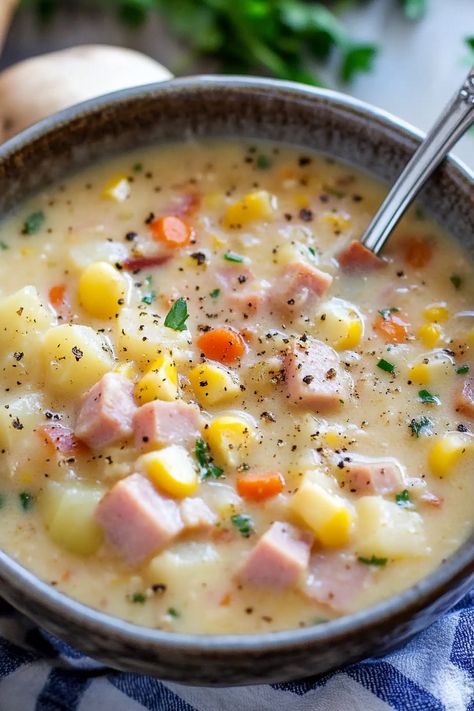 Ham and Corn Chowder is the ideal soup—it's simple to prepare, wonderfully rich and creamy, and a universal favorite! My family consistently opts for a juicy Honey Baked Ham for our holiday meals, although I have a soft spot for a classic roast turkey with stuffing. However, majority rules! I always prepare an extra-large ham Ham Chowder, Corn Chowder Soup, Potato Corn Chowder, Ham And Potato Soup, Corn Chowder Recipe, Honey Baked Ham, Ham Soup, Crock Pot Recipes, Soup Recipes Slow Cooker