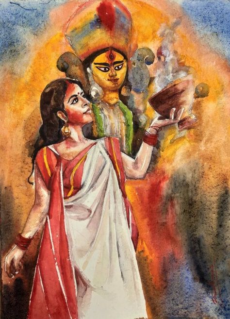 Maa Paintings Art, Durga Puja Drawing Watercolor, Dussera Painting, Bengoli Pose, Water Colour Art Aesthetic, Ma Durga Painting, Durga Puja Drawing, Ma Durga, Painting Indian