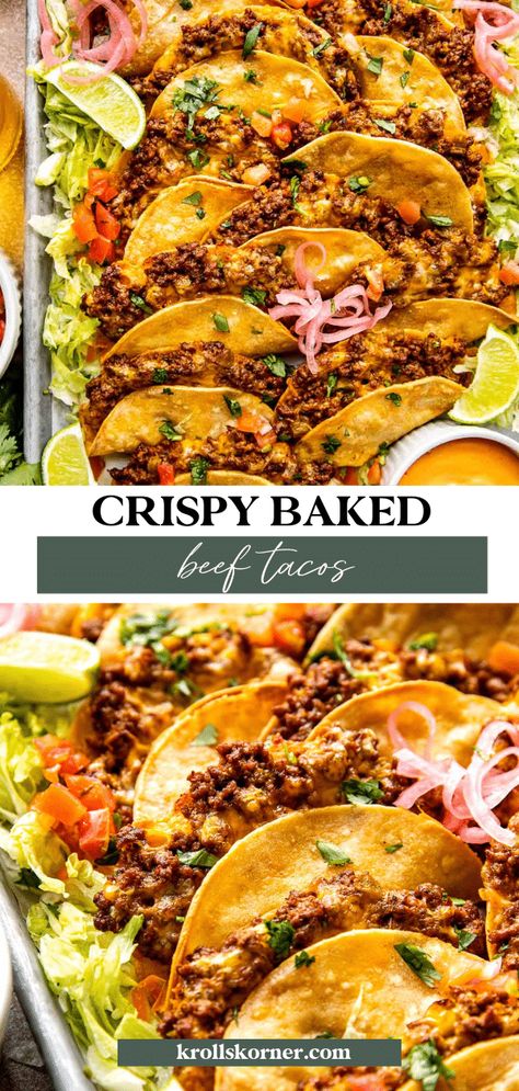 Crispy Beef Tacos (Baked Not Fried!) • Kroll's Korner Grilled Taco Recipes, Baked Crispy Tacos, Stuffed Tacos, Crispy Beef Tacos, Taco Night Ideas, Baked Beef Tacos, Tacos Baked, Southwest Food, Krolls Korner