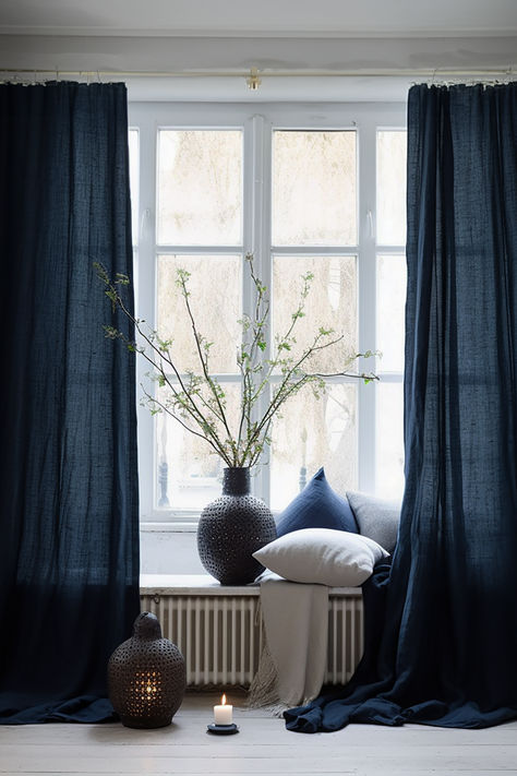 Presenting our Navy Linen Curtains! Crafted from premium linen, these curtains epitomize elegance and versatility. The deep navy hue exudes sophistication, complementing any room with its timeless charm. Whether adorning your bedroom, living room, or study, these curtains are a statement piece. Elevate your space with our Navy Linen Curtains today! #LinenCurtains #LinenBedding #HomeDecor #InteriorDesign #NavyDecor Navy Walls Curtain Ideas, Bedroom Navy Curtains, Room Decor Bedroom Curtains, Naval Living Room, Bedroom With Navy Curtains, Living Room With Blue Curtains, Navy Blue Curtains Bedroom Ideas, Curtains Room Bedroom, Blue Room Curtain Ideas