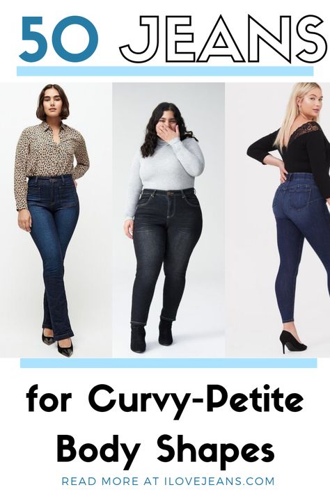 50 new jean styles for Curvy Petite body shapes for Fall! Autumn Outfits Petite Curvy, Plus Size Petite Jeans, Best Jeans For Short And Curvy, Curvy Denim Outfit, Best Jeans For Plus Size Petite, Curvy And Petite Outfits, Curvy Jeans Outfit Casual, Short Curvy Fashion, Plus Petite Outfits