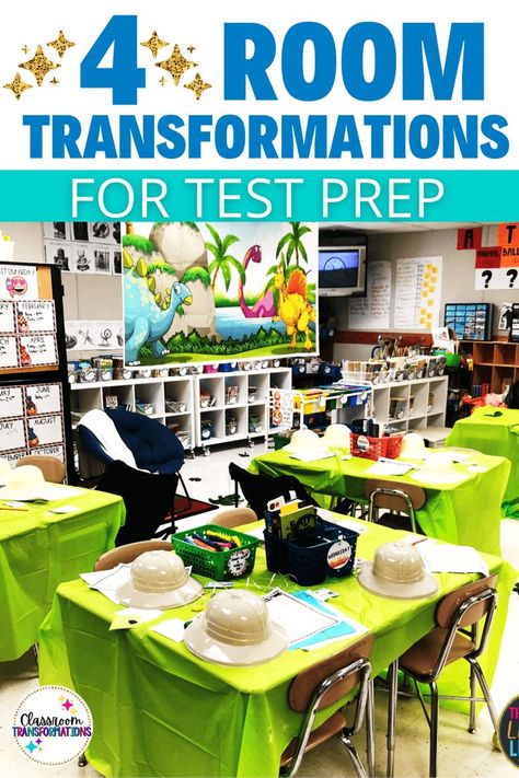 A classroom decorated for a dinosaur classroom transformation. Reading Room Transformations, Test Bulletin Board Ideas, Staar Themes Ideas, Classroom Room Transformations, Test Prep Theme Ideas, Test Review Ideas, School Testing Themes, Classroom Testing Motivation, State Testing Motivation Bulletin Board