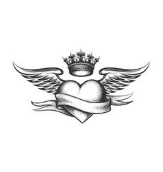 Heart with crown and wings tattoo in engraving Vector Image Heart And Wings Drawing, Heart And Wings Tattoo Design, Heart With Crown Drawing, Crown And Heart Tattoo, Heart With Crown Tattoo Ideas, Heart Wings Tattoo Design, Heart With Halo Tattoo, Crown Heart Tattoo, Crown Tattoo Design For Women