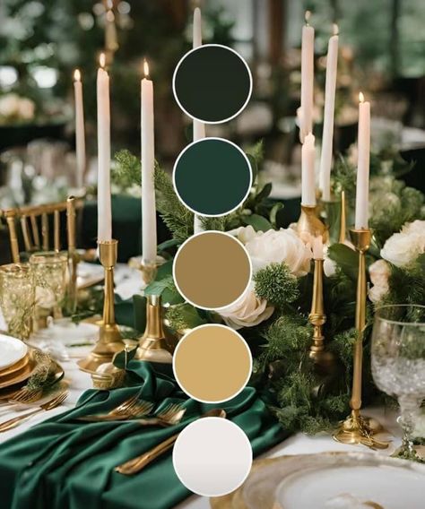 Emerald Elegant Wedding, Forest Green Gold Wedding Theme, Emerald Green Black And Cream Wedding, Black Forest Green And Gold Wedding, Wood And Green Wedding Theme, Wedding Colors Greens, Emerald Green And Tan Wedding Party, Wedding Color Palette Forest Green, Green And Candles Wedding