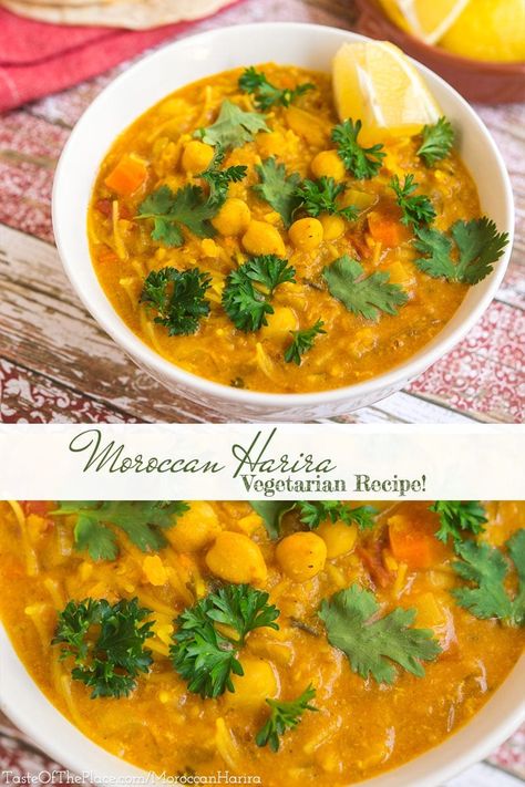 Harira Soup, Moroccan Soup, Veggie Stock, Savory Soups, Veggie Soup, Vegetarian Pasta, Moroccan Food, Canned Chickpeas, African Food