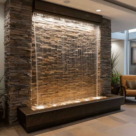 Interior Waterfall Design, Waterfall In House Living Rooms, Feature Entry Wall, Diy Water Feature Indoor, Interior Waterfall Wall, Home Waterfall Indoor Wall Fountains, Outdoor Fountain Ideas Water Walls, Fountain Inside House, Water Feature Wall Outdoor