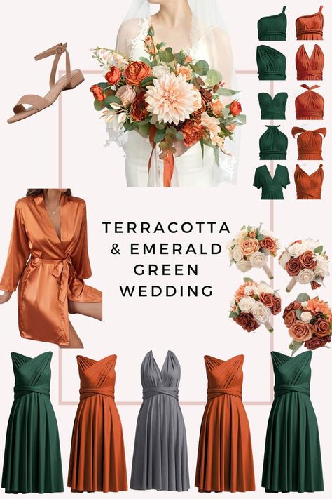 Bridesmaid Dresses Emerald Green, Bridesmaid Dresses Emerald, Terracotta Wedding Colors, Emerald Green Bridesmaids, Terracotta Bridesmaid Dresses, Wedding Cake Color, Emerald Green Wedding Dress, Terracotta Bridesmaid, Wedding Terracotta