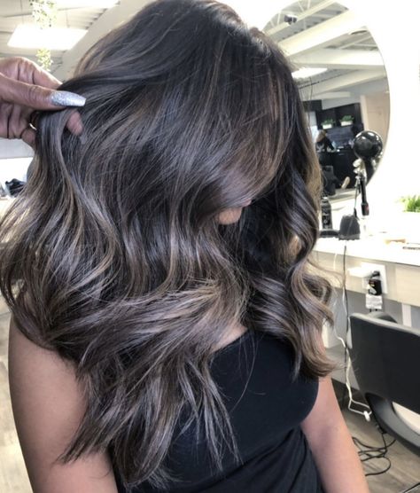 Smokey Ash Brown Hair, Ashy Dark Brown Hair Balayage, Baby Lights On Dark Hair, Ashy Babylights On Dark Hair, Ash Brown Hair Color Ideas, Ash Brown Hair With Highlights, Ashy Hair, Ash Brown Hair Color, Ash Blonde Hair Colour