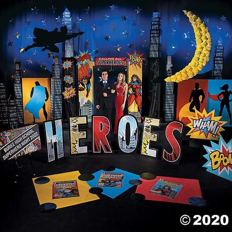 Comic Superhero Party, Comic Theme Party Decorations, Comic Book Decorations, Superhero Reception Ideas, Comic Party Decorations, Superhero Book Fair, Cardboard Superhero, Superhero Vbs Decorations, Comic Book Party Decorations