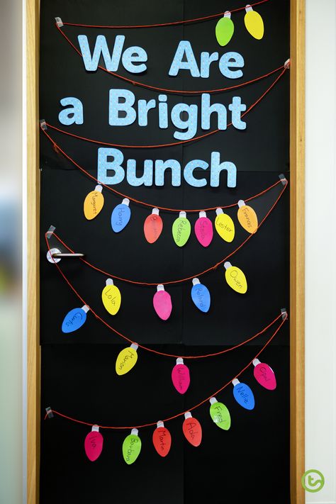 Christmas Themed Teacher Doors, Holiday Posters For School, Chrismass Decore Ideas For Classroom, Class Doors Ideas, Easy Classroom Door Decorations Christmas, Christmas Classroom Door With Window, Simple Classroom Christmas Decorations, Christmas Lights Classroom Door, Christmas Door Lights