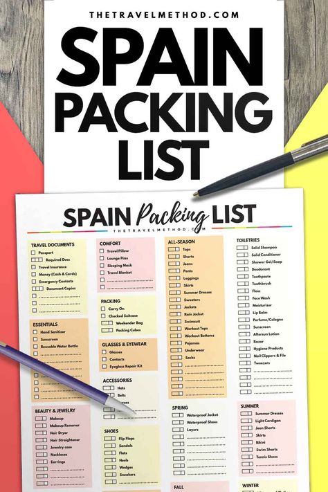 Spain Packing List (with Downloadable PDF Checklist) - The Travel Method Spain Travel Checklist, Traveling To Spain Packing Lists, Spain Travel Packing List, Malaga Packing List, Spain Travel Essentials, What To Pack For Spain In November, Madrid Packing List Fall, Packing For Spain In October, Mens Packing List Europe Summer