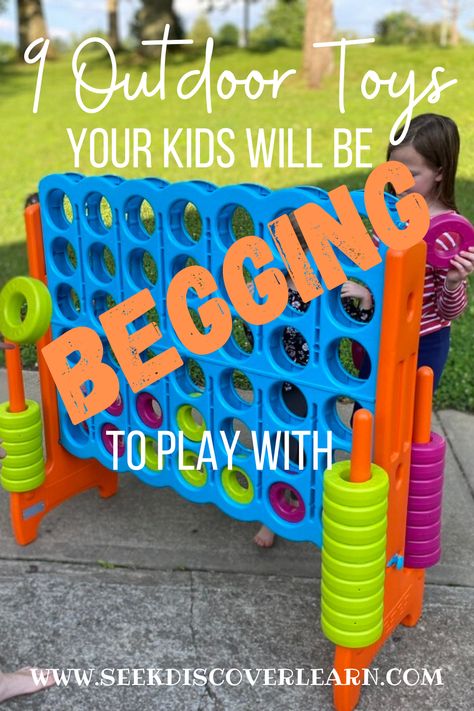 Need your kids to go play outside for awhile? If you have these toys they will be begging to go outside and play. Jumbo connect four, laser tag, saucer swing, geometric climbing dome, etc. I've also included my kids reviews/opinions, so you can see just how great these outdoor toys are. These are the best outdoor toys for kids age 4-12. Preschoolers and elementary age kids will be engaged with these toys for hours of outdoor fun. Enjoy some peace and quiet as you send your kids outside. Cool Outdoor Toys, Outside Toys For Preschoolers, Backyard Toys For Older Kids, Outdoor Montessori Toys, Yard Activities For Kids, Outside Toys For Kids Backyards, Playground Toys For School, Outdoor Toy Ideas, Outdoor Play For Kindergarten